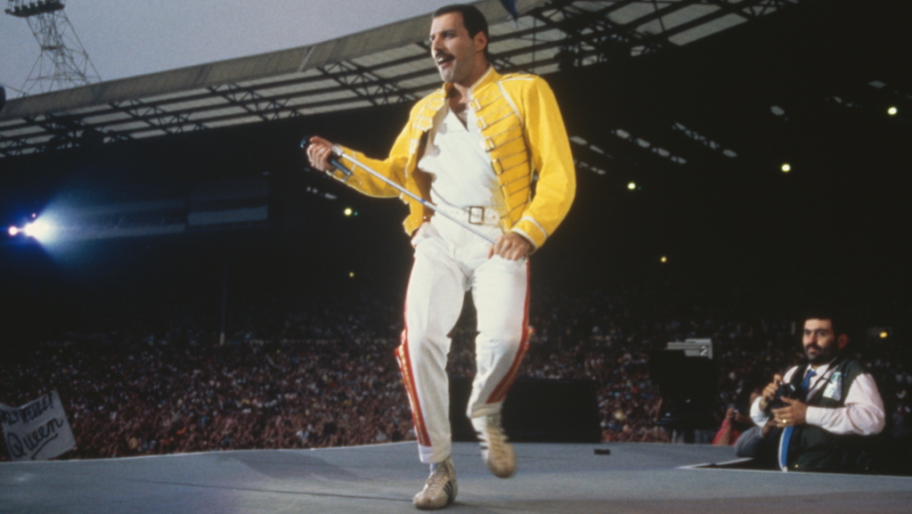 Freddie Mercury mit Queen am 11. Juli 1986 im Londoner Wembley Stadion